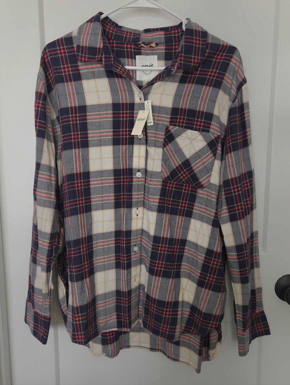 NWT. aerie Plaid Button-Down Shirt - Navy, Cream & Red. Size M. #SW
